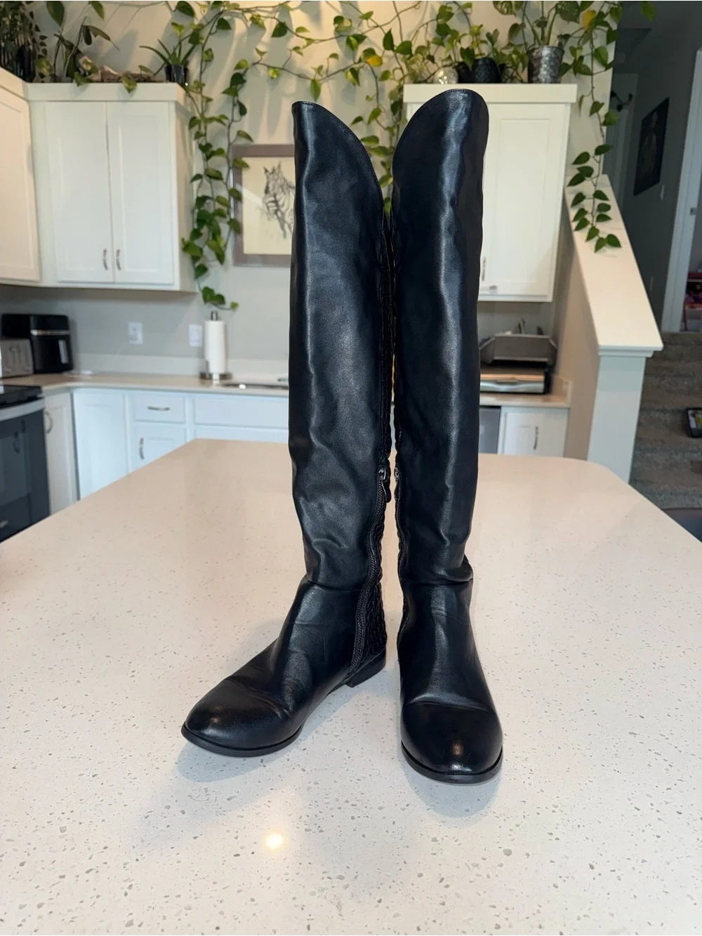 Chinese Laundry Black Over-the-Knee Leather Boots with Woven Panels